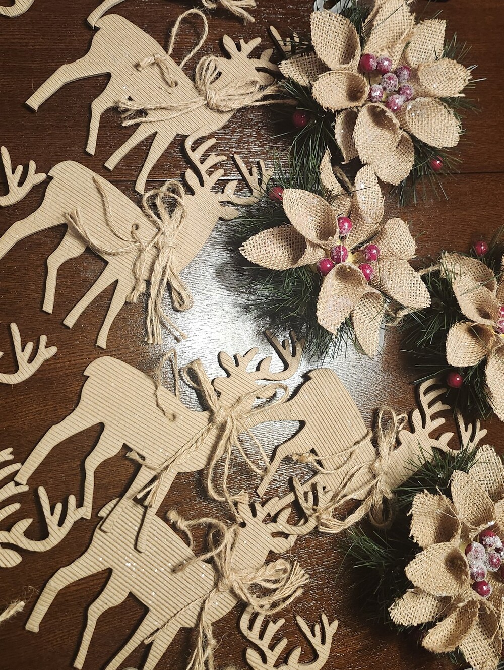 Rustic Burlap Poinsettia & Reindeer Ornaments - Natural Holiday Decor